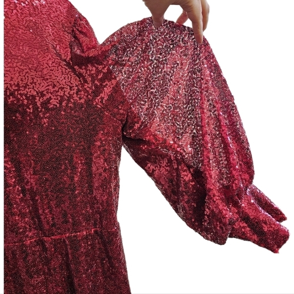 Eloquii cherry burgundy red sequins puff long sleeve v-neck midi wrap dress 20 - Picture 6 of 15
